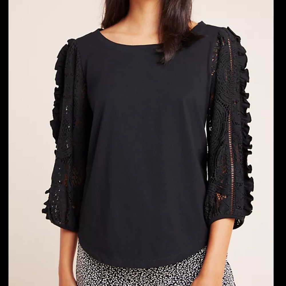 Anthropologie Nina Black Lace Sleeve Top Sz S
